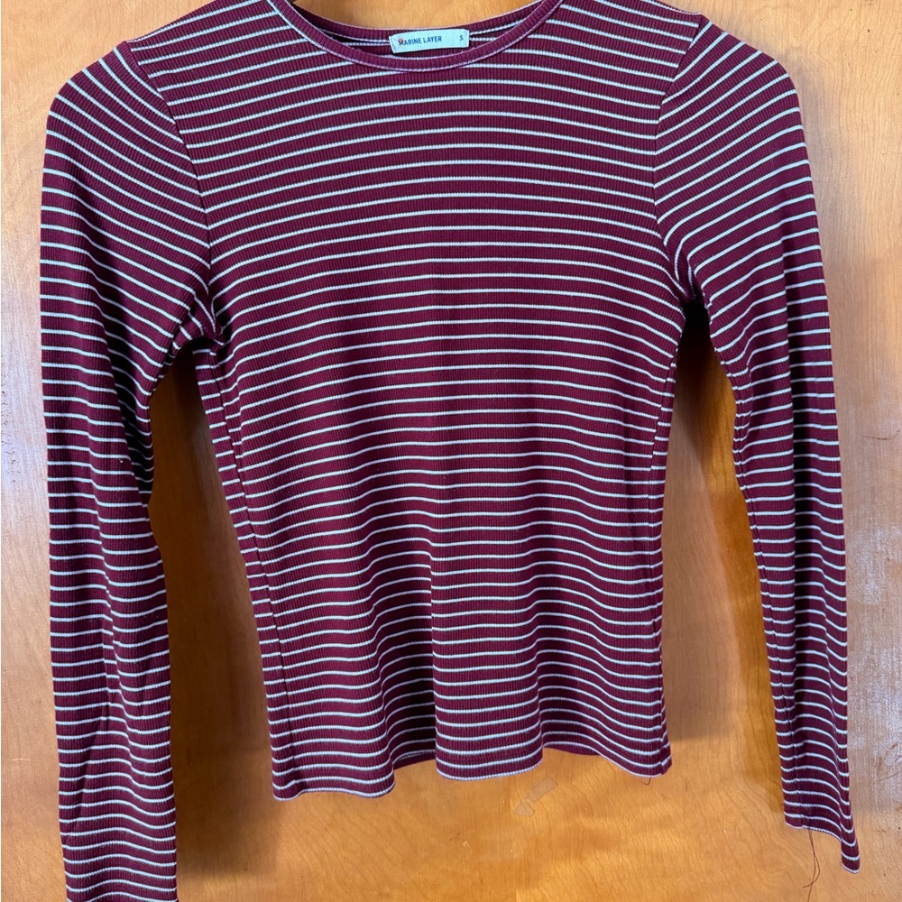 Marine Layer Ribbed Cotton Stripe Long Sleeve T-shirt, S, Red and White